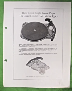 GARRARD MODEL T. M. TURNTABLE SALES SHEET & INFO MARINE BOAT TYPE PLAYER - Picture 1 of 2