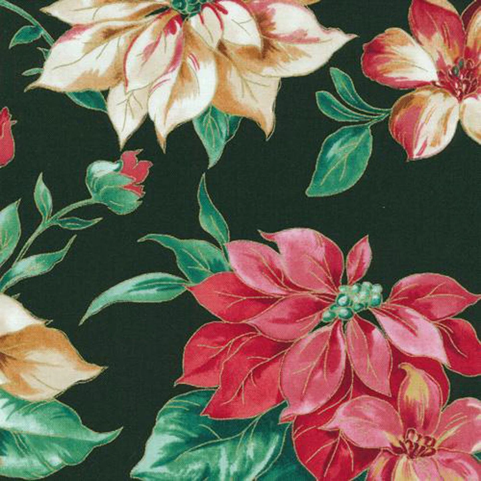 Holiday Large Poinsettia Gold Metallic Dark Green 100% Cotton Fabric by The Yard - Image 1 of 1