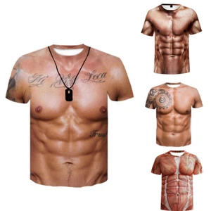 Men Strong Muscle Tattoo Print Short Sleeve T-Shirt 3D Digital Printing Tee Tops - Picture 1 of 15