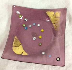 Murano Purple Trinket Tray Little Flowers And Gold Leaf With Label - Picture 1 of 6