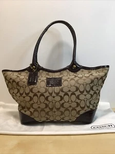 Coach Signature Bleecker Coal Black Leather Khaki Brown Tote (PINK LINING) - Picture 1 of 8