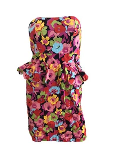 RAINBOW FLORAL ART COTTON PEPLUM 50'S 80'S PARTY DRESS UK 12 EU 40 MEDIUM BNWT - Picture 1 of 11