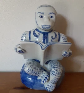 Vintage Chinese White and Blue Porcelain Monkey Reading Book Figure Pre-Owned - Picture 1 of 16