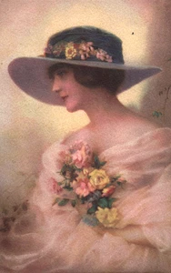 CPA Jeune Femme en robe rose avec des fleurs - Imagen 1 de 2