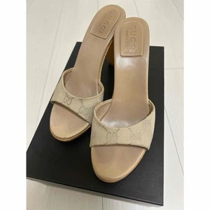 GUCCI Mules Sandals Heel Size EU 35.5 US 5.5 GG Canvas Beige Women - Picture 1 of 8