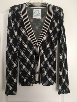 VOLCOM BLACK IVORY COTTON ARGYLE PRINT LONG SLEEVE CARDIGAN SWEATER - L - Image 1 of 4