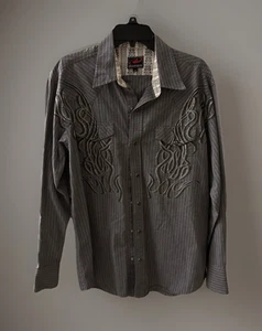 Roper Western Shirt Men XL Pearl Snap Pockets Gray Flames Rockabilly Rodeo - Picture 1 of 7