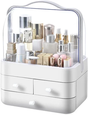 Organizer Trucchi con Coperchio 3 Cassetti Impermeabile Make-up Bianco - Immagine 1 di 4