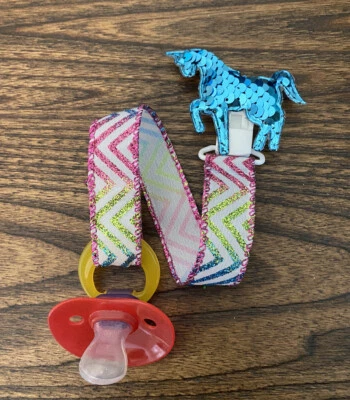 Shiny Blue Unicorn Ribbon Pacifier holder clip strap, binky, paci leash-Handmade - Image 1 of 2