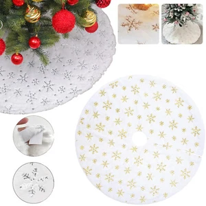 90/122cm Christmas Plush Tree Skirt Snowflakes Xmas Floor Fur Mat Cover Decor - Picture 1 of 15