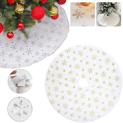 90/122cm Christmas Plush Tree Skirt Snowflakes Xmas Floor Fur Mat Cover Decor - Image 1 of 4