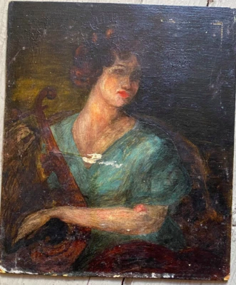 ::ÖLGEMÄLDE ROMANTIKER MÄDCHEN MIT LAUTE UM 1890 DAME FRAU INSTRUMENT MUSIK ALT - Bild 1 von 4