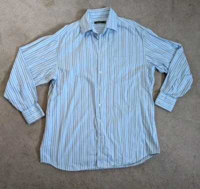 Ermenegildo Zegna Blue Navy Brown Tan Striped 100% Cotton Shirt  XLT - Image 1 of 4
