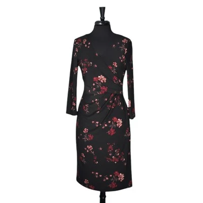Ralph Lauren Womens Dress Black Floral V-Neck Stretch Faux Wrap Elegant Sheath 8 - Image 1 of 4