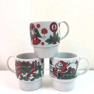Vintage Japan Mugs Stackable Christmas Holiday Set 3 7 Ounces Santa Reindeer - Picture 1 of 11