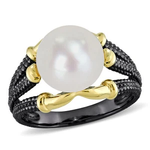 Amour Men's Black Rhodium Plated Yellow Silver Freshwater Pearl Split Shank Ring - Picture 1 of 6