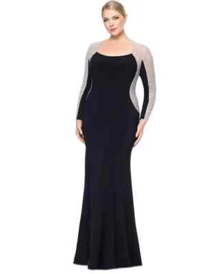 Vestido Xscape Negro Desnudo Plata Cristal Cuentas Manga Larga Talla 18W $319 Foto 1 de 3