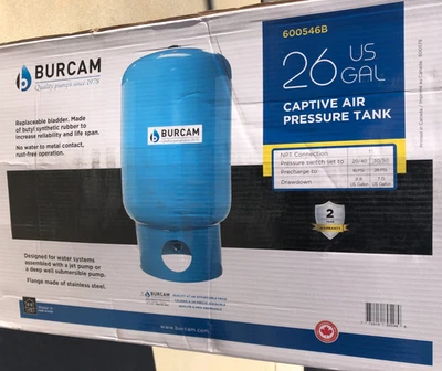 Tanque de presión de vejiga Burcam 600546B, 26 gal, 75 psi funcionando (caja áspera) ** Foto 1 de 4