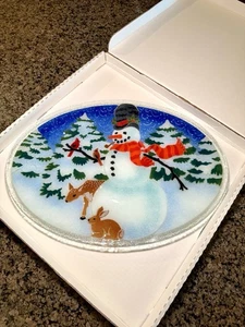 Signed Peggy Karr Fused Glass 17” Oval Platter Plate Snowman Christmas Holidays - Picture 1 of 13