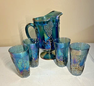 Vintage Indiana Carnival Glass Blue Iridescent Harvest Grape Pitcher & 4 Tumbler - Picture 1 of 8