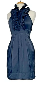 BCBG MaxAzria Silk Halter Dress Black Sz 4 Ruffled Neck Lined Pockets Side Zip - Picture 1 of 24