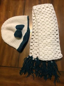 Set Of Hand Knitted-homemade Scarf 64”x6” And Hat One Size Green/white - Picture 1 of 8