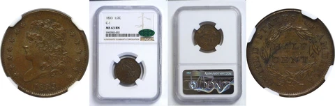1833 Half Cent NGC MS-63 BN CAC Cover