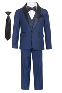 Magen Boys Navy SLIM FIT TUXEDO suit 7pc set coat,vest,pant,shirt,clip bowtie - Picture 1 of 6