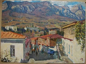 Ukrainian Soviet USSR oil Painting landscape architecture southern town mountain - Picture 1 of 9
