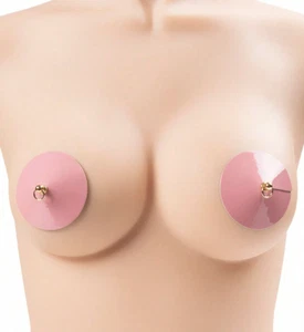 Cache tétons burlesques nippies pasties ronds simili cuir rose piercing doré - Foto 1 di 5