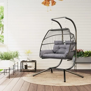 Outsunny Hängesessel mit Gestell faltbar Hängekorb mit Kissen Polyrattan Outdoor - Photo 1/10