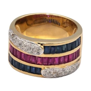14k Yellow Gold 2.20CT Diamond Ruby Sapphire Wide Band Ring Size 8.5 - Picture 1 of 5