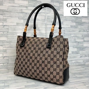 Gucci Bamboo GG Pattern Canvas Leather Handbag Tote Bag Brown Vintage From Japan - Picture 1 of 24