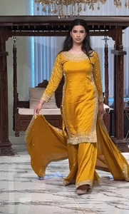 Top de crepé natural amarillo mostaza de moda Palazzo y Dupatta para mujer - Imagen 1 de 11