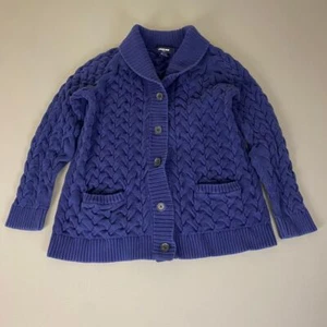 Lands' End Navy Blue Cable Knit Cardigan Sweater XL Button Front Cozy Cotton - Picture 1 of 12