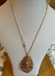 Macrame Wire Wrapped Jasper Cabochon Pendant on an 18.75" RG Plated Chain - Picture 1 of 5