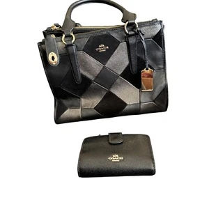Coach Black Leather Patchwork Handbag & Matching Wallet Set With Gold Tone Hardw - Picture 1 of 6
