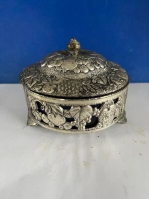 Vintage Japanese Ornate Metal and Cobolt Glass Trinket Bowl with Lid - Image 1 of 3