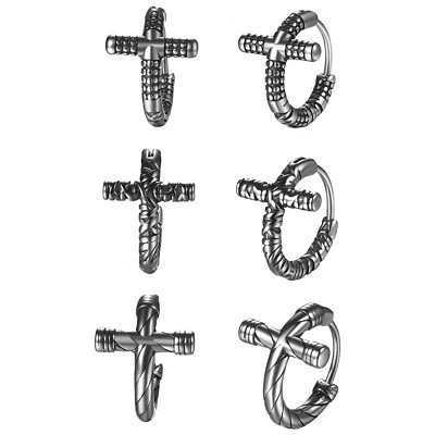 2pcs Men's Vintage Stainless Steel Earrings Religious Cross Hoop Huggie Studs - Image 1 of 4