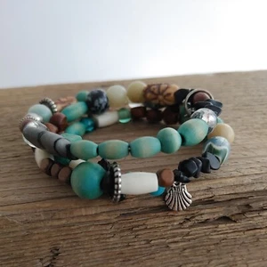 Beaded Bracelet Aqua Brown Boho Beach Wood Clay Stone Shell Charms Aqua Brown - Picture 1 of 6