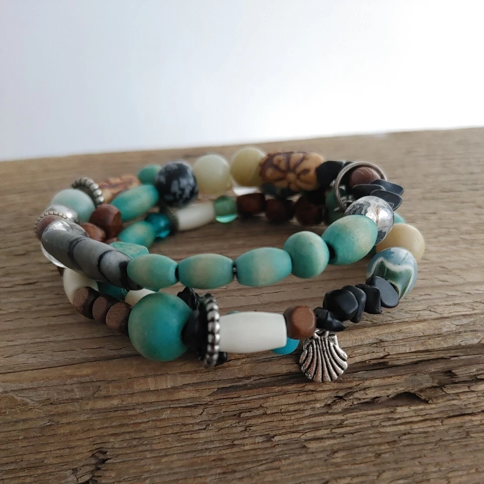 Beaded Bracelet Aqua Brown Boho Beach Wood Clay Stone Shell Charms Aqua Brown - Image 1 of 4