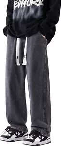 PRIJOUHE Mens Relaxed Fit Jeans Elastic Waist Baggy Denim Cargo Pants Drawstring - Picture 1 of 26