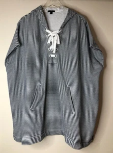 J Crew Womens Size M/L Navy White Stripe Top Tunic Cover Up Hood Grommet Lace Up - Picture 1 of 10