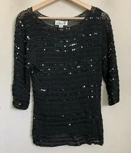 S.M. Collection Top Black Crochet Bead Sequin Pullover 3/4 Sleeve Lined Size M - Bild 1 von 7