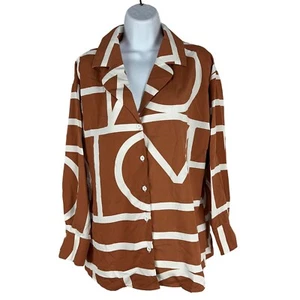 Geometric Pattern Brown & White Womens Button-Up Shirt Size Medium - Picture 1 of 5