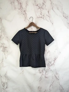 Madewell Shirt Damen klein schwarz Schößchen gepunktet Kurzarm Strick rund Samt - Bild 1 von 13