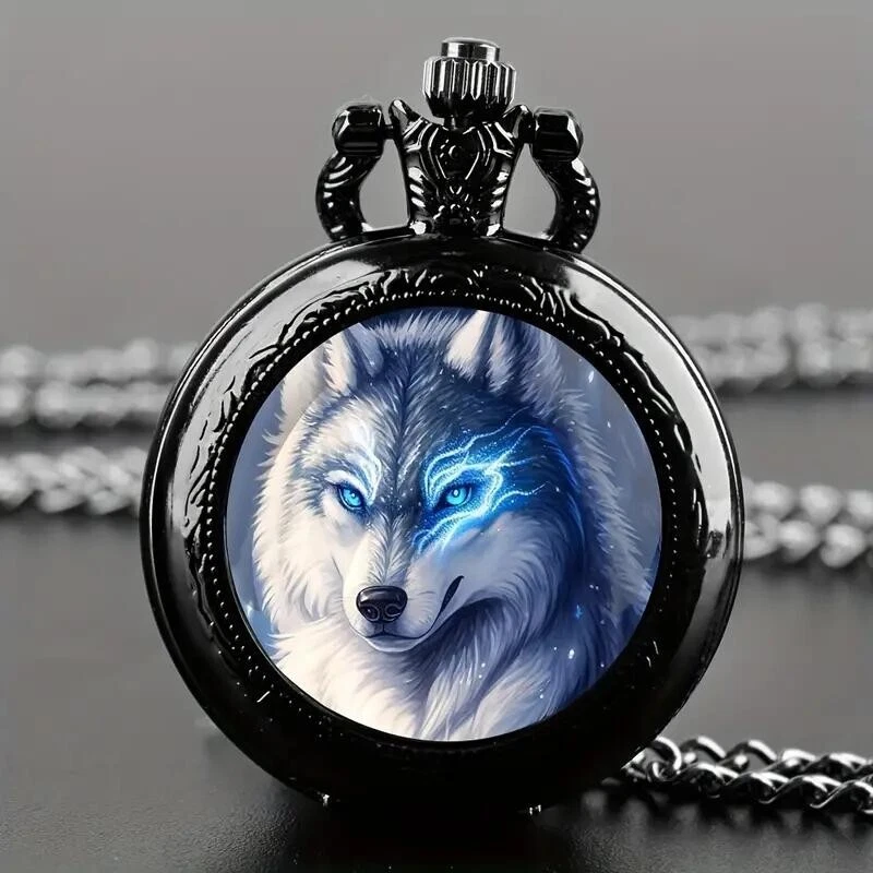 Vintage Cool Blue Wolf King Quartz Pocket Watch Necklace Black Gift Men Women - Image 1 of 4