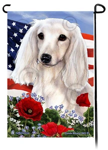 Patriotic Flowers Garden Flag - Longhaired White Dachshund - Picture 1 of 1