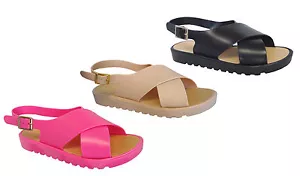 Neu Mädchen Kreuzband Freizeit Fersenriemen Plateau flache Sandalen Ausverkauf (Volar-K) - Bild 1 von 5