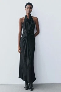 Zara Women Long Halter Black Maxi Open Back Knotted Dress XS Glam Party Nightout - Picture 1 of 9